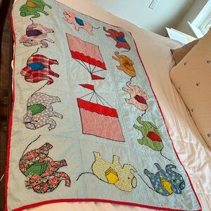 Vintage Light Blue Quilt with Multicolor Elephant Appliqués
